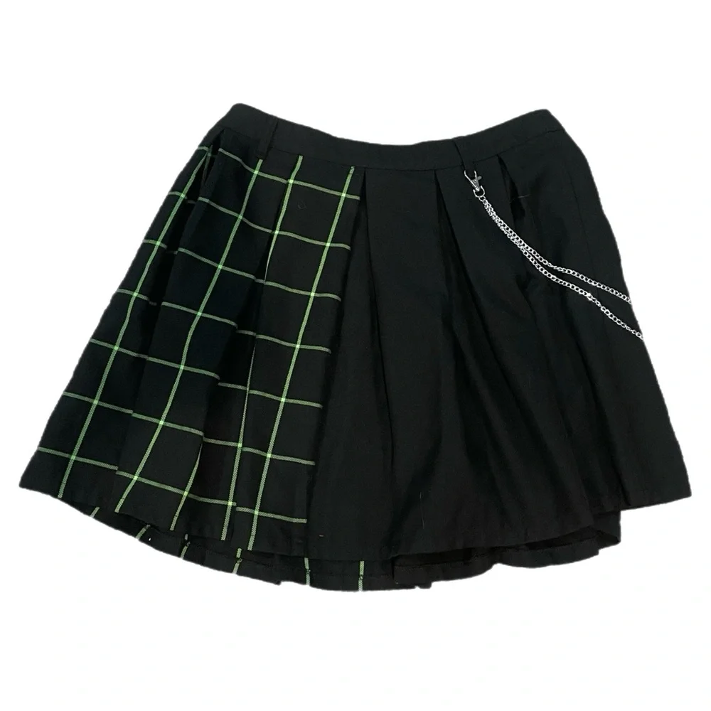 Hot Topic Pleated Mini Green And Black Grid Chain Skirt Goth Punk Emo Alt Size M - Picture 4 of 7